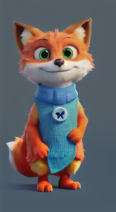  {Error the fox pressing the blue button with his paw, looking puzzled as nothing occurs., Error is a small, bright orange fox with a fluffy tail and big, inquisitive eyes. He has a mischievous yet kind expression and wears a tiny green scarf.