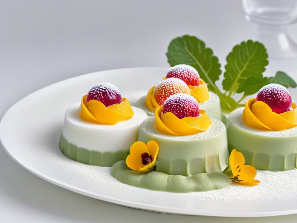  A highresolution, ultradetailed image of a delicate, intricate molecular gastronomy dessert showcased on a sleek, modern, and minimalist white plate. The dessert features colorful, translucent spheres, gels, and foams arranged artistically with microgreens and edible flowers, exuding sophistication and innovation in culinary artistry. The lighting is soft, highlighting the textures and vibrant hues of the dessert, creating a visually captivating and aspirational image for enthusiasts of molecular gastronomy. hyperrealistic, full body, detailed clothing, highly detailed, cinematic lighting, stunningly beautiful, intricate, sharp focus, f/1. 8, 85mm, (centered image composition), (professionally color graded), ((bright soft diffused light)), volumetric fog, trending on instagram, trending on tumblr, HDR 4K, 8K