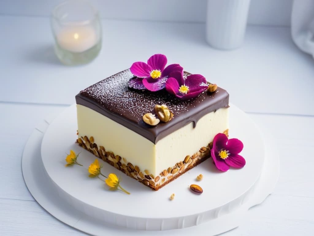  An image of a perfectly layered cake slice with alternating textures of smooth ganache, crunchy nuts, and delicate edible flowers elegantly arranged on a pristine white plate, showcasing the artistry and skill required to create captivating textures in pastry. hyperrealistic, full body, detailed clothing, highly detailed, cinematic lighting, stunningly beautiful, intricate, sharp focus, f/1. 8, 85mm, (centered image composition), (professionally color graded), ((bright soft diffused light)), volumetric fog, trending on instagram, trending on tumblr, HDR 4K, 8K