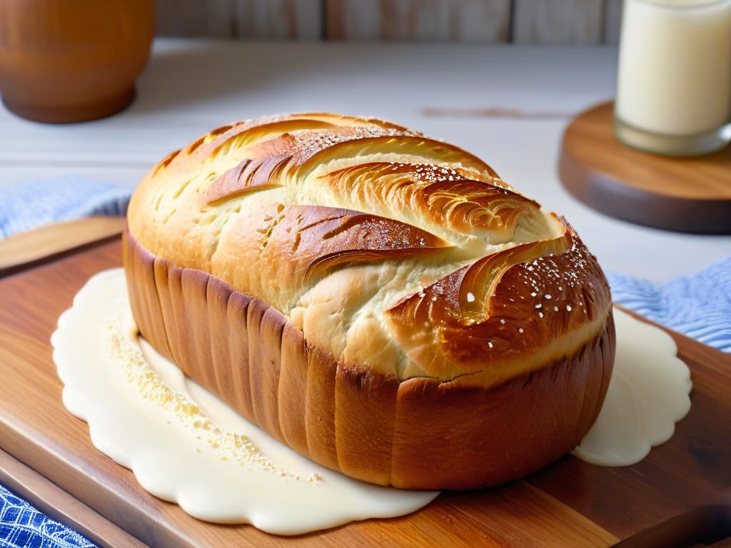  An ultradetailed image of a perfectly risen, goldenbrown loaf of artisanal bread, fresh out of the oven, resting on a rustic wooden cutting board. The crust is crackling, emitting steam, with a sprinkle of flour on top and visible swirls from the scoring. The background is softly blurred, enhancing the focus on the bread's texture and inviting aroma. hyperrealistic, full body, detailed clothing, highly detailed, cinematic lighting, stunningly beautiful, intricate, sharp focus, f/1. 8, 85mm, (centered image composition), (professionally color graded), ((bright soft diffused light)), volumetric fog, trending on instagram, trending on tumblr, HDR 4K, 8K