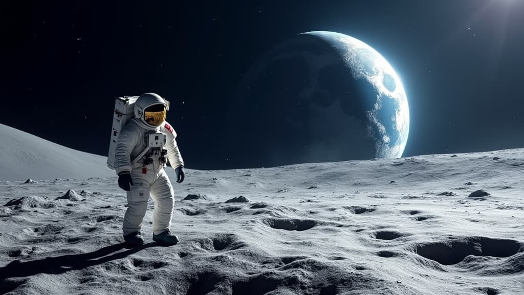  good quality, high quality, space conquest and back to the moon race concept image with an astronaut walking on the moon and view of the earth in background