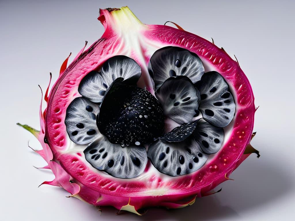  A closeup, ultradetailed image of a vibrant purple dragon fruit sliced in half, showcasing its speckled white and black seeds, against a stark white background. The image captures the intricate pattern of the fruit's pink flesh, highlighted by the natural light, creating a visually striking and minimalistic composition that conveys a sense of exoticism and sophistication. hyperrealistic, full body, detailed clothing, highly detailed, cinematic lighting, stunningly beautiful, intricate, sharp focus, f/1. 8, 85mm, (centered image composition), (professionally color graded), ((bright soft diffused light)), volumetric fog, trending on instagram, trending on tumblr, HDR 4K, 8K