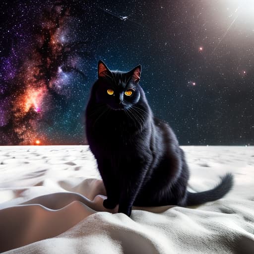  black cat on a background of space hyperrealistic, full body, detailed clothing, highly detailed, cinematic lighting, stunningly beautiful, intricate, sharp focus, f/1. 8, 85mm, (centered image composition), (professionally color graded), ((bright soft diffused light)), volumetric fog, trending on instagram, trending on tumblr, HDR 4K, 8K