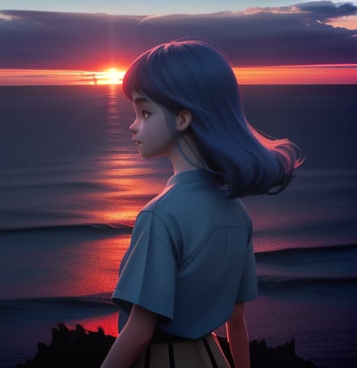  open hair girl standing on a tip of mountain seeing the sunset at the end of ocean dark blue