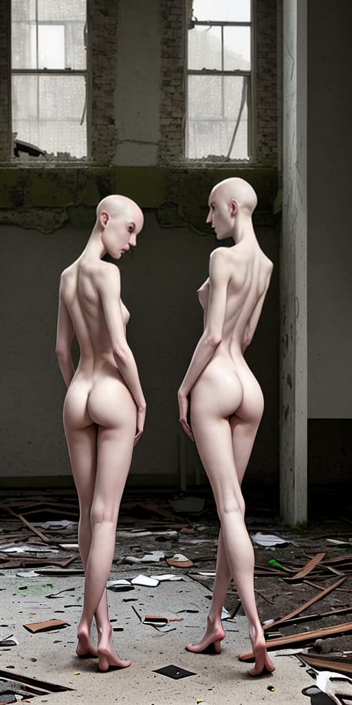  two-bald-girls, very thin, naked, with their backs, in an abandoned place