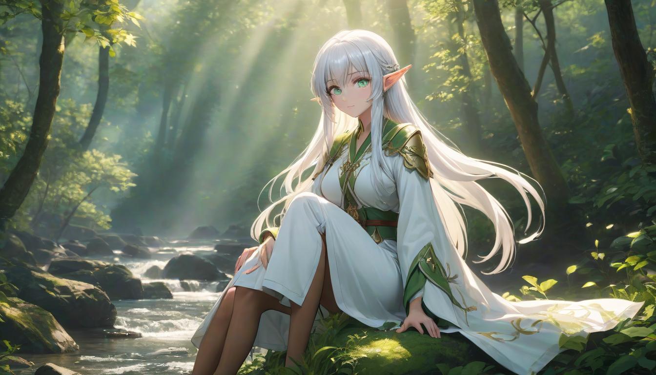  anime artwork anime elf , she sits by the river in a dense forest, her charming and alluring appearance, emphasized by the rays of the sun, sweet with eyes, a look full of confusion, she has white hair and green eyes, a long robe on her shoulders, best quality, original, extremely detailed . anime style, key visual, vint, studio anime, highly detailed hyperrealistic, full body, detailed clothing, highly detailed, cinematic lighting, stunningly beautiful, intricate, sharp focus, f/1. 8, 85mm, (centered image composition), (professionally color graded), ((bright soft diffused light)), volumetric fog, trending on instagram, trending on tumblr, HDR 4K, 8K