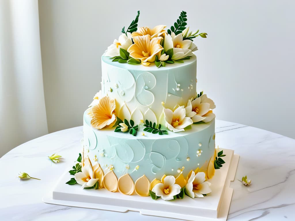  An ultradetailed image of a delicately crafted multitiered wedding cake, adorned with intricate sugar flowers in various pastel colors. The cake is displayed on a sleek, white marble countertop, with soft, natural light filtering in to highlight the impeccable details of the confection. Each petal, leaf, and swirl of frosting is meticulously executed, showcasing the artistry and skill required in advanced pastry workshops for aspiring master pastry chefs. hyperrealistic, full body, detailed clothing, highly detailed, cinematic lighting, stunningly beautiful, intricate, sharp focus, f/1. 8, 85mm, (centered image composition), (professionally color graded), ((bright soft diffused light)), volumetric fog, trending on instagram, trending on tumblr, HDR 4K, 8K