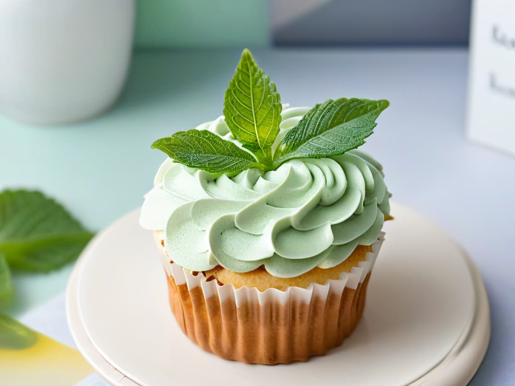  A closeup, ultradetailed image of a delicate, perfectly frosted cupcake topped with a single stevia leaf, showcasing the intricate details of the frosting swirls and the natural, vibrant green of the leaf against a soft, blurred background. hyperrealistic, full body, detailed clothing, highly detailed, cinematic lighting, stunningly beautiful, intricate, sharp focus, f/1. 8, 85mm, (centered image composition), (professionally color graded), ((bright soft diffused light)), volumetric fog, trending on instagram, trending on tumblr, HDR 4K, 8K