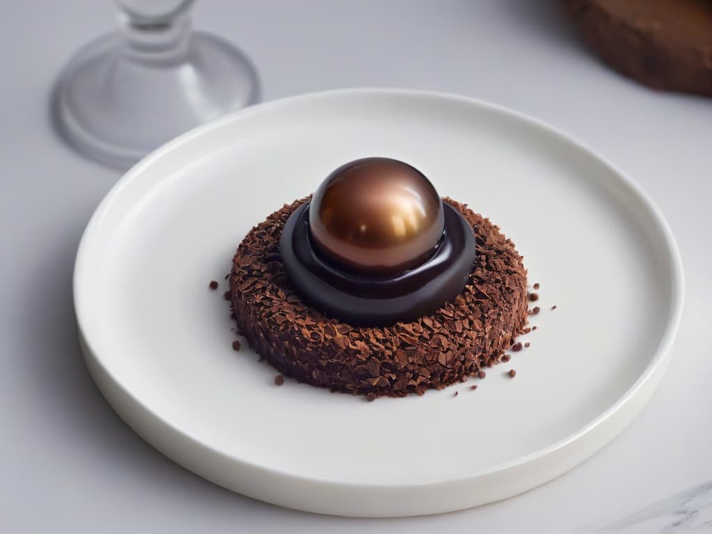  A closeup, ultradetailed image of a pristine white plate with a single exquisite chocolate caviar pearl placed delicately in the center. The pearl glistens under soft, focused lighting, showcasing its smooth, glossy surface and intricate texture. The background is a subtle gradient that fades to black, emphasizing the chocolate pearl as the focal point of the image. hyperrealistic, full body, detailed clothing, highly detailed, cinematic lighting, stunningly beautiful, intricate, sharp focus, f/1. 8, 85mm, (centered image composition), (professionally color graded), ((bright soft diffused light)), volumetric fog, trending on instagram, trending on tumblr, HDR 4K, 8K