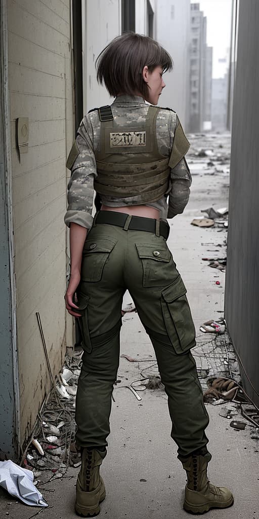  homeless-girl, in military pants, with her back, takes off her pants, dirty, boy haircut, around the corner, in an abandoned place