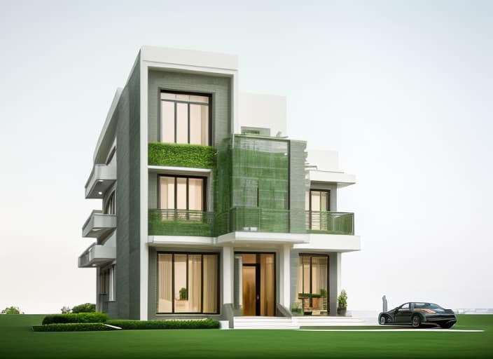  The same perspective of the house's facade, modern, luxurious architectural style, harmonious colors with green trees, beautiful lighting