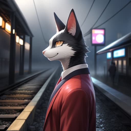  A masterpiece by T.Y. Stars, Null Ghost, and K0bit0wani. Featuring top quality, impeccable anatomy, bright eyes, and tearful emotion. The subject is a furry, a dog (Felis: 0.25), male, standing alone, wearing a red kimono, with a radiant smile (Open Smile: 1.1), exuding gentleness while making eye contact with the viewer. The scene is set at a train station, amidst rain under a gray sky, with fog (Fog: 0.4) adding to the atmosphere, all against a detailed background. hyperrealistic, full body, detailed clothing, highly detailed, cinematic lighting, stunningly beautiful, intricate, sharp focus, f/1. 8, 85mm, (centered image composition), (professionally color graded), ((bright soft diffused light)), volumetric fog, trending on instagram, trending on tumblr, HDR 4K, 8K