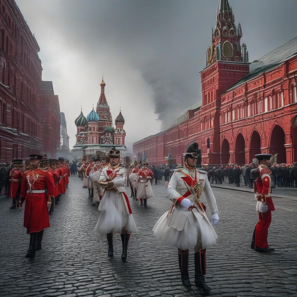  May 9th Parade, Red Square hyperrealistic, full body, detailed clothing, highly detailed, cinematic lighting, stunningly beautiful, intricate, sharp focus, f/1. 8, 85mm, (centered image composition), (professionally color graded), ((bright soft diffused light)), volumetric fog, trending on instagram, trending on tumblr, HDR 4K, 8K