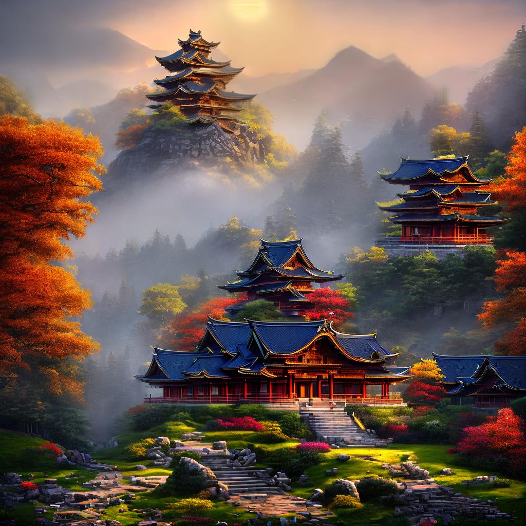  ((masterpiece)), (((best quality))), 8k, high detailed, ultra-detailed. A highly detailed acrylic painting of a serene mountain temple during autumn. The main subject is a traditional Japanese temple with a sloping tiled roof and intricate wooden architecture. The temple is situated on a mountainside covered in vibrant orange and red maple trees, creating a breathtaking contrast against the blue sky. A stone staircase leads up to the temple, lined with stone lanterns. The scene is bathed in warm sunlight, casting long shadows on the ground. hyperrealistic, full body, detailed clothing, highly detailed, cinematic lighting, stunningly beautiful, intricate, sharp focus, f/1. 8, 85mm, (centered image composition), (professionally color graded), ((bright soft diffused light)), volumetric fog, trending on instagram, trending on tumblr, HDR 4K, 8K