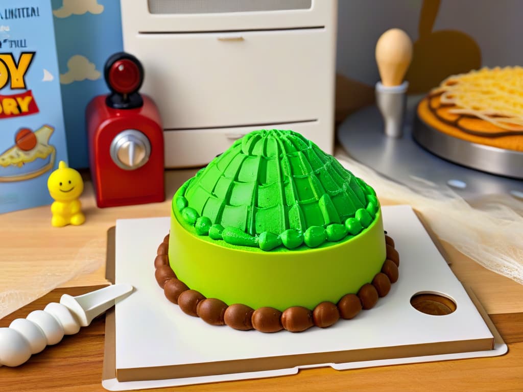  A highresolution, photorealistic image of a set of baking utensils inspired by Toy Story characters, featuring a rolling pin resembling Woody's iconic sheriff badge, cookie cutters shaped like Buzz Lightyear's spaceship, and measuring spoons designed as the green aliens from Pizza Planet. The background shows a whimsical kitchen setting with colorful baking ingredients scattered around, creating a and inspiring atmosphere for budding bakers and Toy Story fans alike. hyperrealistic, full body, detailed clothing, highly detailed, cinematic lighting, stunningly beautiful, intricate, sharp focus, f/1. 8, 85mm, (centered image composition), (professionally color graded), ((bright soft diffused light)), volumetric fog, trending on instagram, trending on tumblr, HDR 4K, 8K