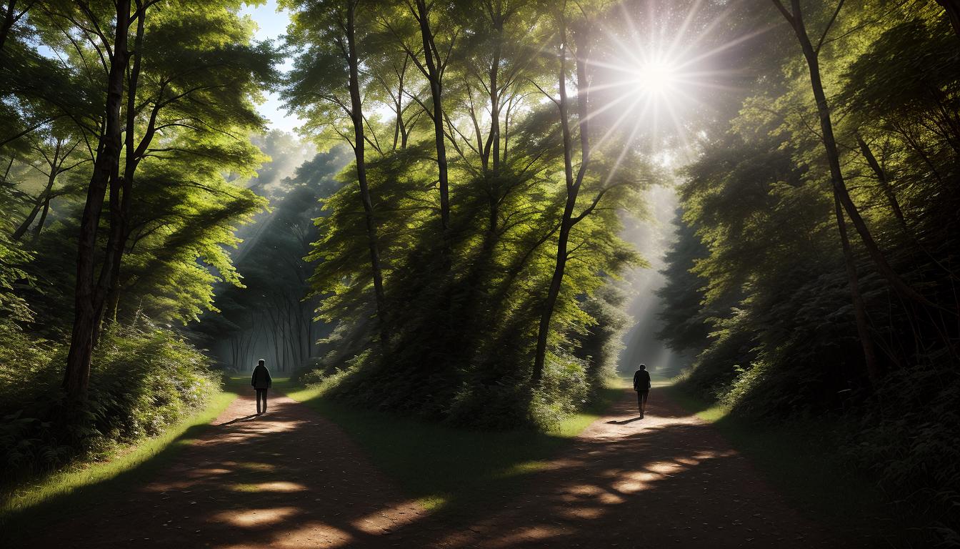  digital illustration, A figure walking a path through a dense forest, sunlight filtering through, determined stride, individual journey, clarity in the midst of complexity, looking at viewer, dynamic pose, (intricate details, masterpiece, best quality)