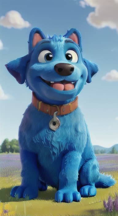  {A happy, big blue dog wagging its tail in a colorful meadow, The big blue dog is large with sky blue fur, big round eyes, a black nose, and floppy ears.