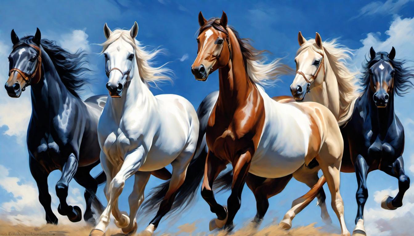  digital painting of An array of horses, each with a distinct posture of grace and dignity, under a banner of blue sky, illustrating the era's reverence for these creatures, detailed muscular and facial expressions, sky vast and clear, tribute to nobility and strength, era of honor looking at viewer, dynamic pose, (intricate details, masterpiece, best quality)