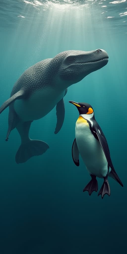  good quality, high quality, a small penguin and a huge mosasaurus swimming together in the water, epic, realistic, highly detailed