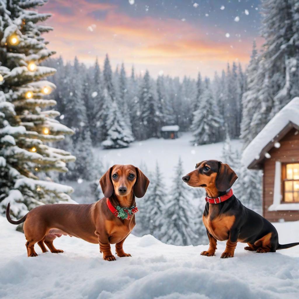  2 dachshund in snowy land christmas vibe