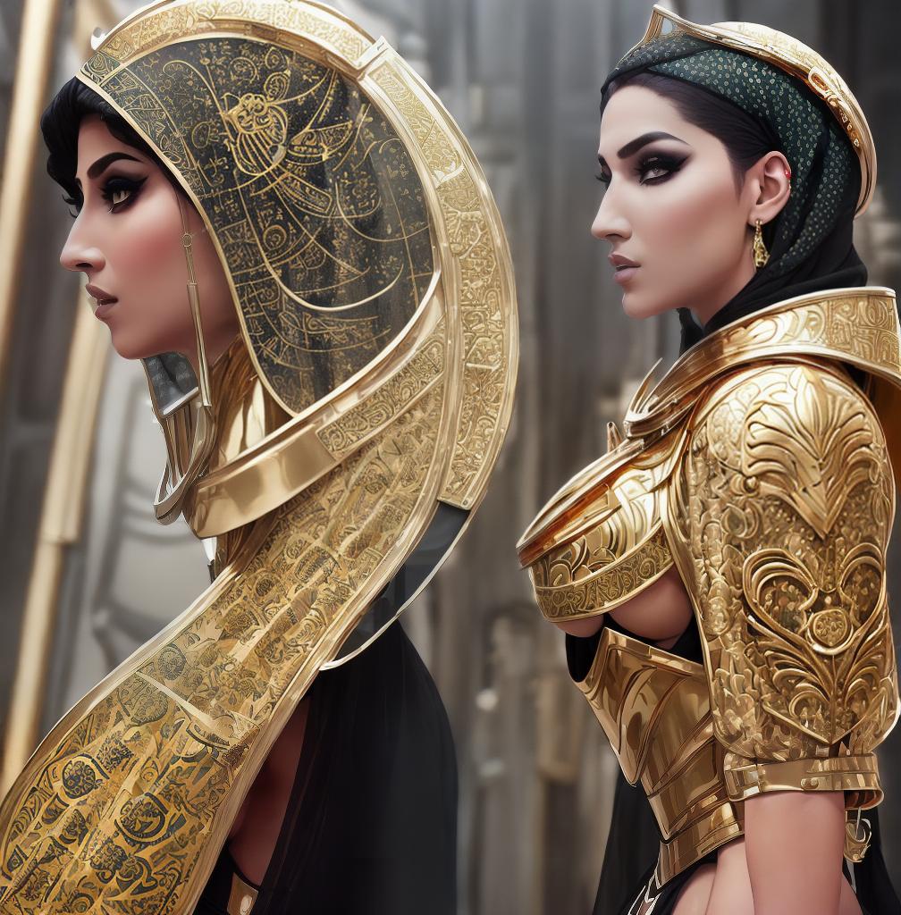  ((Side view:1.8)), ((masterpiece)),(((best quality))), ((futuristic empress, mature face, ((middle eastern eyes:1.4)), ((gold futuristic gown)), (((intricate futuristic breastplate))),