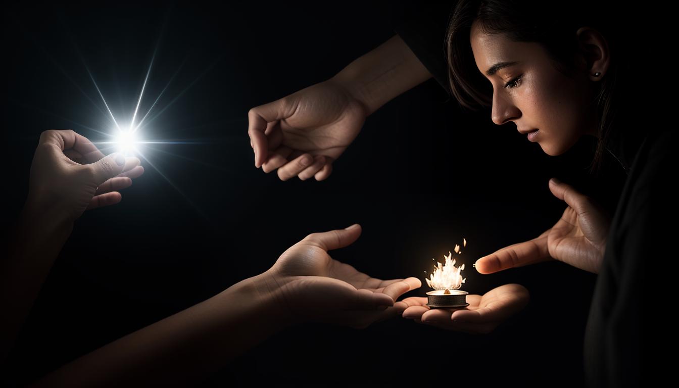  cinematic, aesthetic, A pair of hands, one holding a tiny flame, the other extended outward, background split into light and dark halves, balance in giving and receiving, kindness, protecting self, duality, harmony, 4k, HDR, lens flare