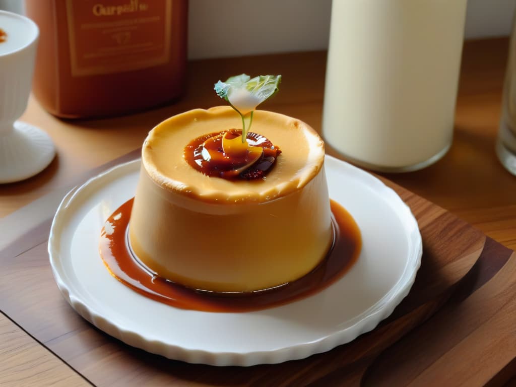  A closeup, highresolution image of a perfectly crafted quesillo venezolano resting on a delicate white porcelain plate. The smooth, golden flan is elegantly topped with a light drizzle of rich caramel sauce, glistening under a soft, natural light that highlights the dessert's creamy texture and irresistible shine. The plate sits on a simple, unobtrusive wooden table, enhancing the minimalistic aesthetic and allowing the quesillo venezolano to take center stage as the epitome of sweet indulgence. hyperrealistic, full body, detailed clothing, highly detailed, cinematic lighting, stunningly beautiful, intricate, sharp focus, f/1. 8, 85mm, (centered image composition), (professionally color graded), ((bright soft diffused light)), volumetric fog, trending on instagram, trending on tumblr, HDR 4K, 8K