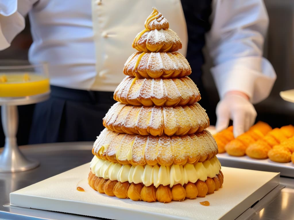  An ultradetailed 8k image of a sophisticated French pastry chef meticulously piping delicate swirls of cream onto a multilayered croquembouche, with each golden caramelcoated puff perfectly placed, showcasing the artistry and precision of traditional French pastry making. The chef's hands are steady, wearing crisp white gloves, and the background is a pristine, minimalist kitchen setting with hints of gleaming copper pots and pans, adding a touch of elegance to the scene. hyperrealistic, full body, detailed clothing, highly detailed, cinematic lighting, stunningly beautiful, intricate, sharp focus, f/1. 8, 85mm, (centered image composition), (professionally color graded), ((bright soft diffused light)), volumetric fog, trending on instagram, trending on tumblr, HDR 4K, 8K