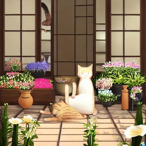  cute tabby cat surrounded by flower vases