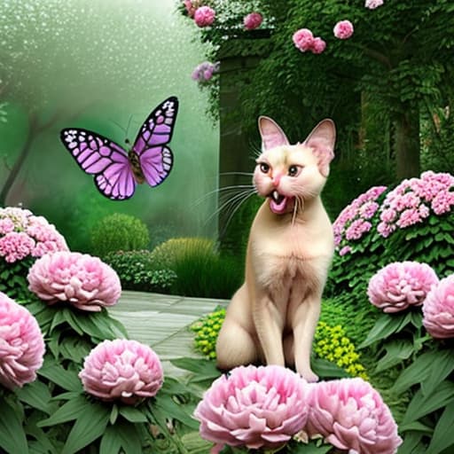  Siamese cat yelling at butterflies in a garden full of peonies