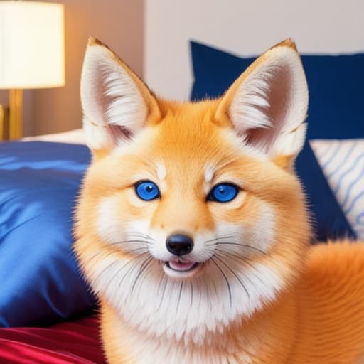  A nine tailed kitsune with blue fur looking at you with bedroom eyes, wearing red silk, with a smile.