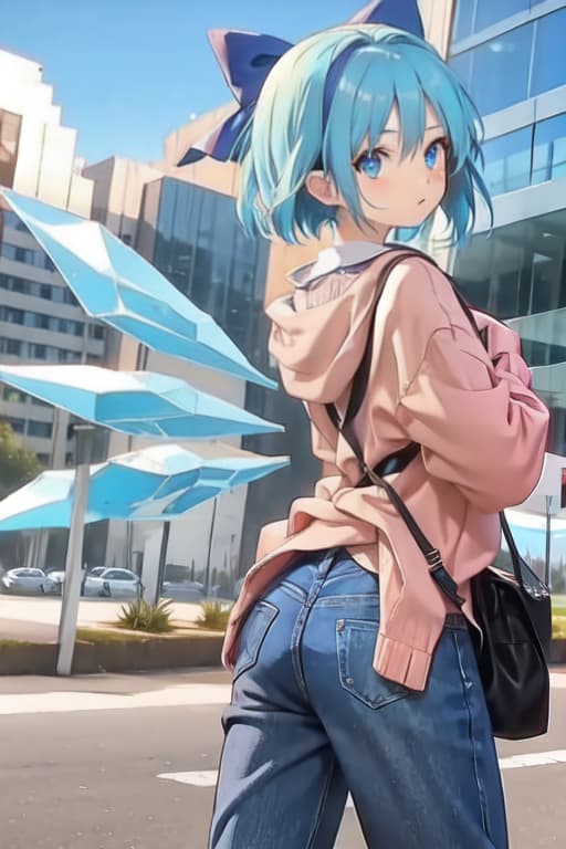  Cirno, from behind, jeans