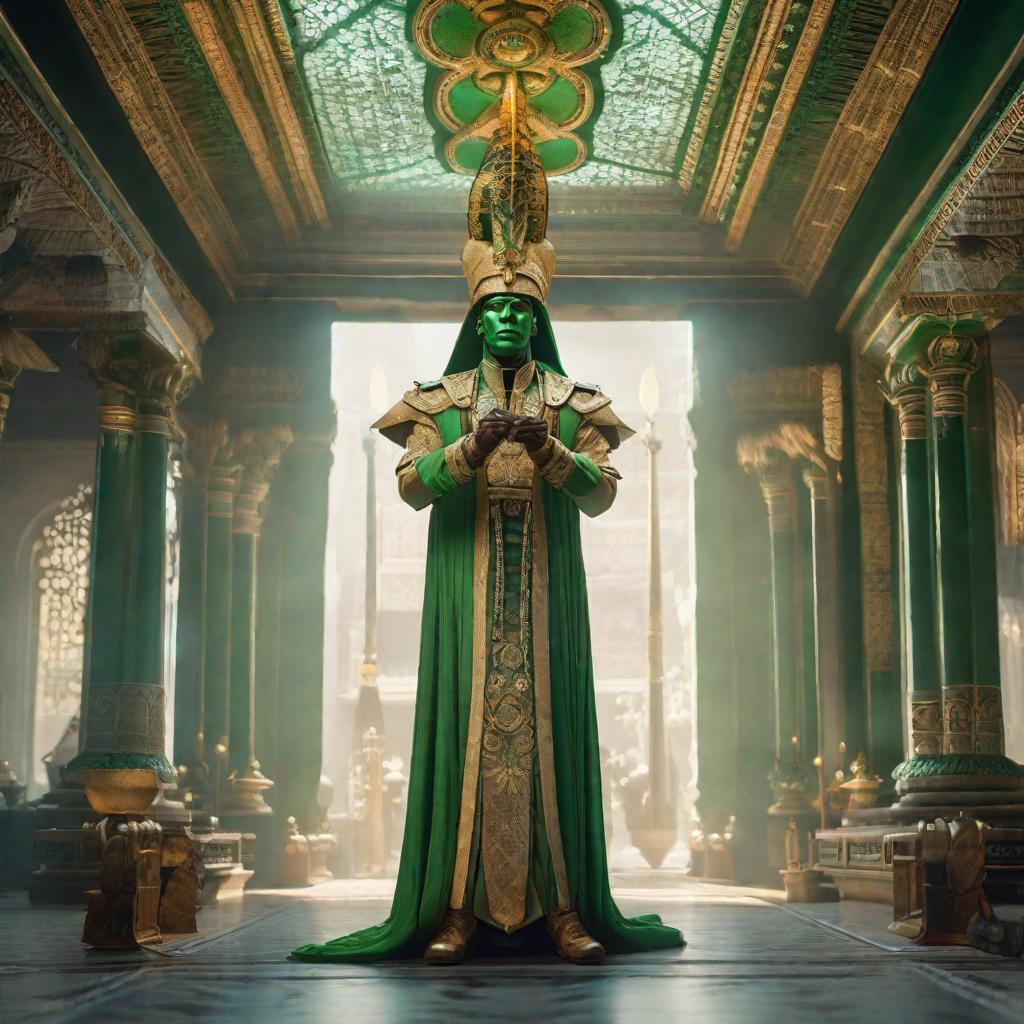  Osiris verde hyperrealistic, full body, detailed clothing, highly detailed, cinematic lighting, stunningly beautiful, intricate, sharp focus, f/1. 8, 85mm, (centered image composition), (professionally color graded), ((bright soft diffused light)), volumetric fog, trending on instagram, trending on tumblr, HDR 4K, 8K