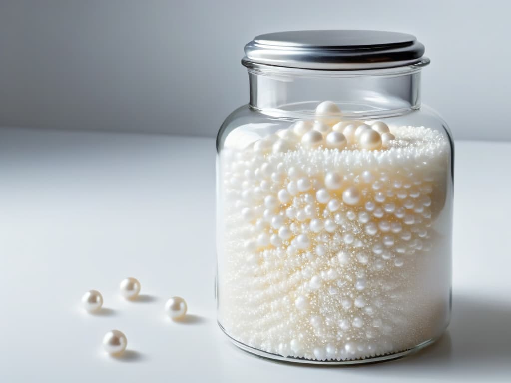  A closeup, ultradetailed image of a transparent glass jar filled with glistening, perfectly round sugar pearls, set against a clean white background. The sugar pearls vary in size and sparkle under the light, showcasing their texture and shine. The jar is sealed with a sleek silver lid, reflecting a soft glow, emphasizing the purity and elegance of the sugar pearls within. hyperrealistic, full body, detailed clothing, highly detailed, cinematic lighting, stunningly beautiful, intricate, sharp focus, f/1. 8, 85mm, (centered image composition), (professionally color graded), ((bright soft diffused light)), volumetric fog, trending on instagram, trending on tumblr, HDR 4K, 8K