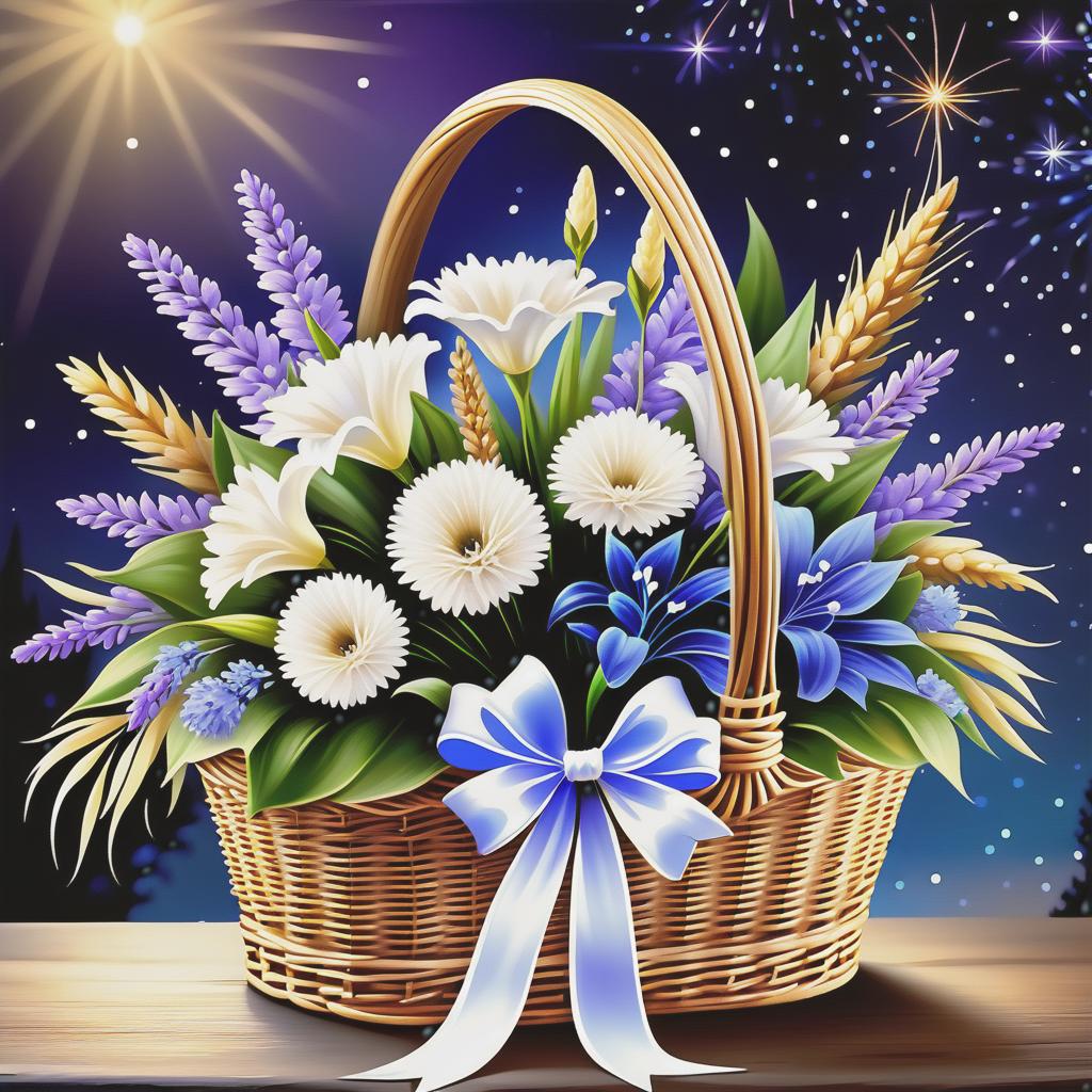  Luxury product style (Bouquet in a wicker basket). The handle of the basket is decorated with a white satin bow with brown polka dots. In the basket is a floral composition: of wheat ears, white and blue carnations, flowers, lavender and in the centre of the bouquet one white lily. (Background):night starry sky with flashes of fireworks. Style:fantasy, watercolour, landscape still life genre. . Elegant, sophisticated, high end, luxurious, professional, highly detailed hyperrealistic, full body, detailed clothing, highly detailed, cinematic lighting, stunningly beautiful, intricate, sharp focus, f/1. 8, 85mm, (centered image composition), (professionally color graded), ((bright soft diffused light)), volumetric fog, trending on instagram, trending on tumblr, HDR 4K, 8K