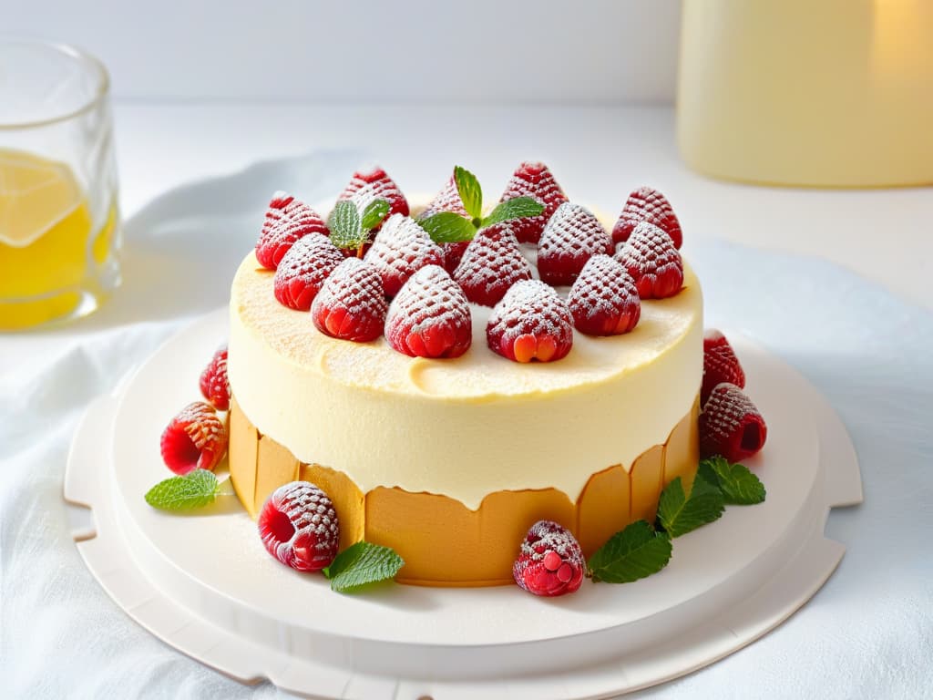  A closeup, ultradetailed image of a perfectly golden glutenfree almond flour cake, topped with a delicate arrangement of fresh raspberries and mint leaves. The cake is sitting on a sleek, modern white plate, set against a soft, neutral background to highlight its exquisite texture and visually appealing presentation. hyperrealistic, full body, detailed clothing, highly detailed, cinematic lighting, stunningly beautiful, intricate, sharp focus, f/1. 8, 85mm, (centered image composition), (professionally color graded), ((bright soft diffused light)), volumetric fog, trending on instagram, trending on tumblr, HDR 4K, 8K