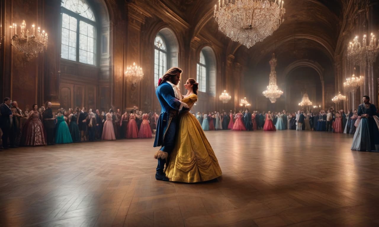  cinematic film still A young perky couple in Baroque and Renaissance clothes dances like in a fairy tale beauty and the beast (prince) on the parquet of a large hall with high ceilings. The atmosphere of masquerade, magic. Around the guests are chatting and admiring this couple. The focus and focus is on the couple's faces and hands. . shallow depth of field, vignette, highly detailed, high budget, bokeh, cinemascope, moody, epic, gorgeous, film grain, grainy hyperrealistic, full body, detailed clothing, highly detailed, cinematic lighting, stunningly beautiful, intricate, sharp focus, f/1. 8, 85mm, (centered image composition), (professionally color graded), ((bright soft diffused light)), volumetric fog, trending on instagram, trending on tumblr, HDR 4K, 8K