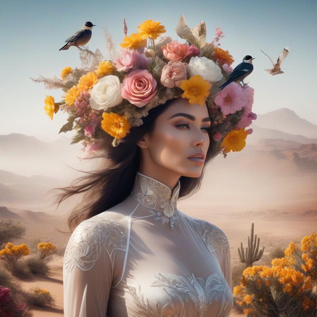  A surreal image depicting a transparent female head with flowers and a desert landscape with birds in the background. hyperrealistic, full body, detailed clothing, highly detailed, cinematic lighting, stunningly beautiful, intricate, sharp focus, f/1. 8, 85mm, (centered image composition), (professionally color graded), ((bright soft diffused light)), volumetric fog, trending on instagram, trending on tumblr, HDR 4K, 8K