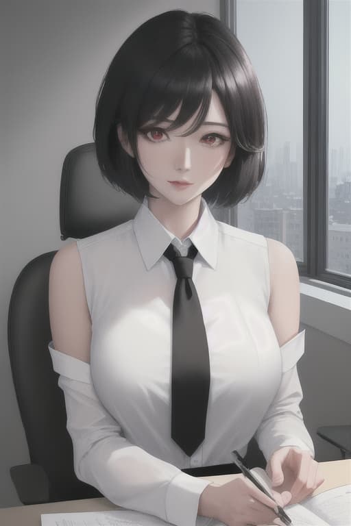  {{{masterpiece}}},{{{best quality}}},{{ultra-detailed}},{{High resolution}},{best Anime},{{an extremely delicate and beautiful}},{{4K}},1 s,woman,2,Japanese people,White skin,Female boss,Red eyes,Black hair,short hair,Short bob,hair between eyes,messy hair,flowing sweat,(large s:1.3),{{White Business shirt}},With a collar,(impossible shirt:1.1),{sleeveless:1.1},side,{Black tie:1.2},narrow shoulder,(Upper body),(Office in the background),personal computer,(Backlight:1.1),Sitting in a chair, hyperrealistic, full body, detailed clothing, highly detailed, cinematic lighting, stunningly beautiful, intricate, sharp focus, f/1. 8, 85mm, (centered image composition), (professionally color graded), ((bright soft diffused light)), volumetric fog, trending on instagram, trending on tumblr, HDR 4K, 8K