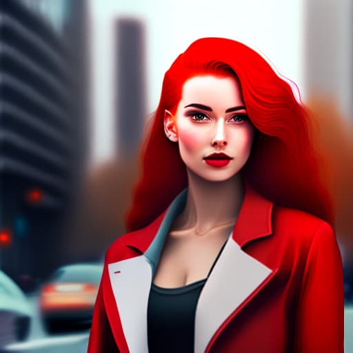 estilovintedois Woman with red hair and a black jacket is standing in a city