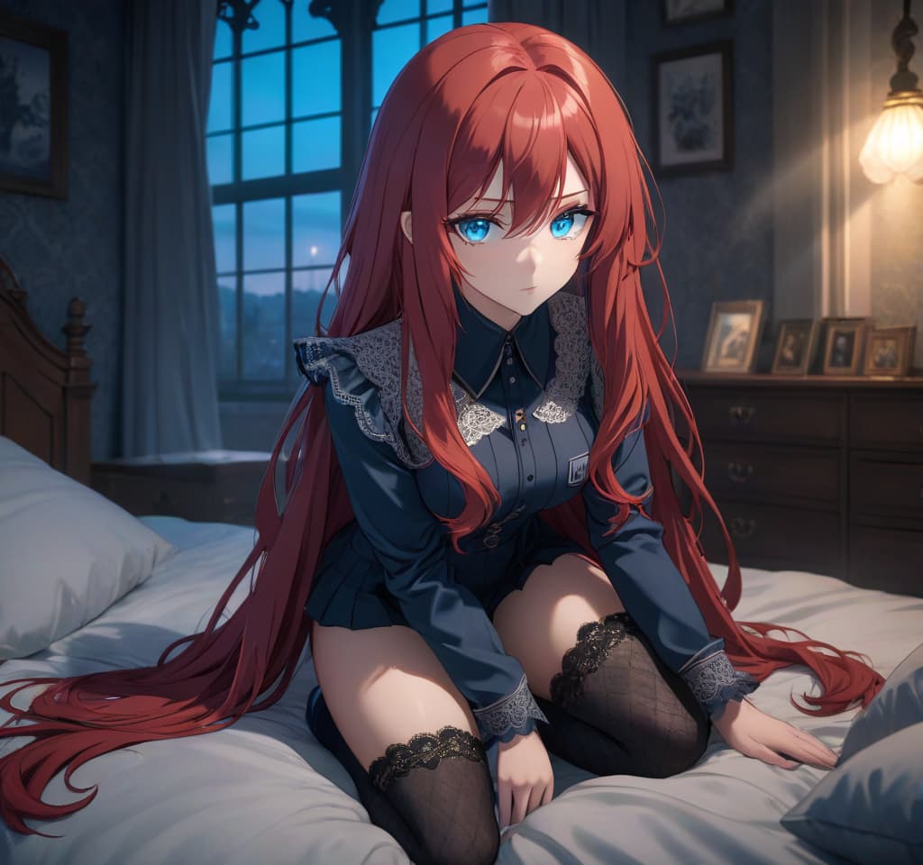  Anime , full height, leans over, large s, long red hair, clip, blue eyes, lace , socks, evil, beautiful bedroom, night. hyperrealistic, full body, detailed clothing, highly detailed, cinematic lighting, stunningly beautiful, intricate, sharp focus, f/1. 8, 85mm, (centered image composition), (professionally color graded), ((bright soft diffused light)), volumetric fog, trending on instagram, trending on tumblr, HDR 4K, 8K