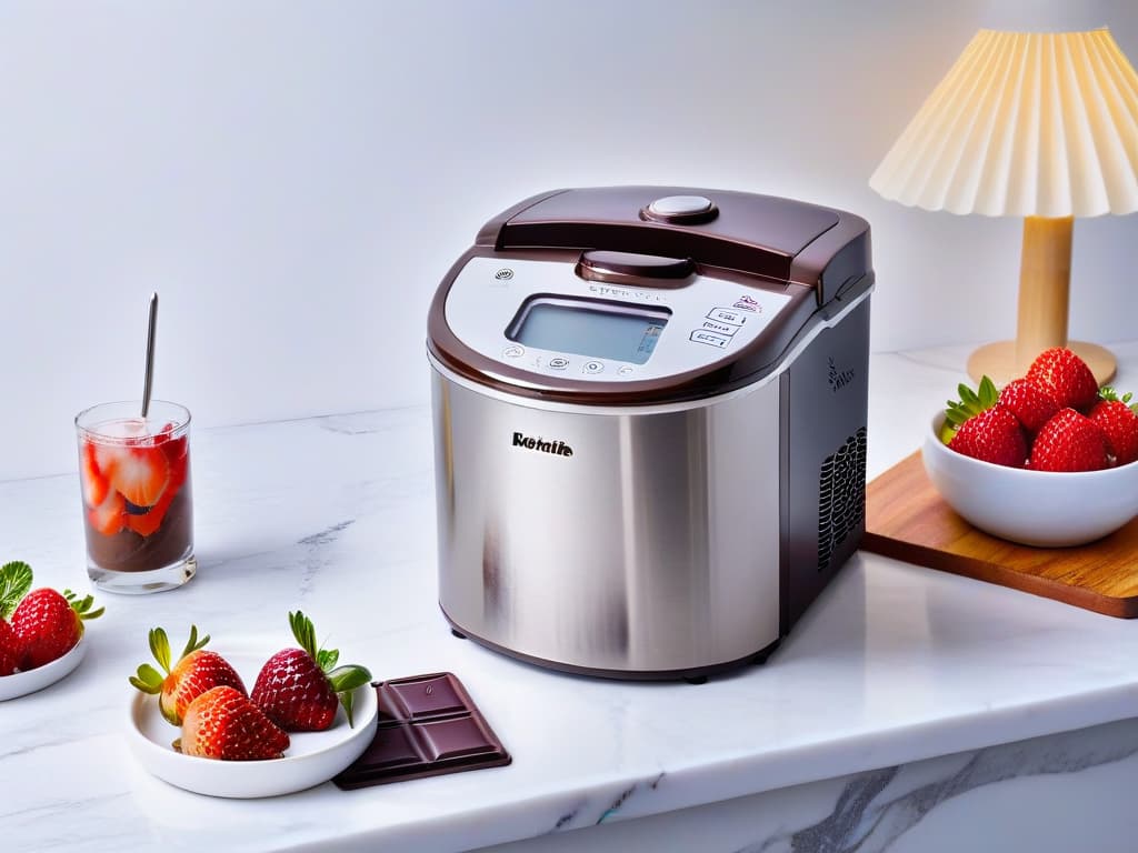  A sleek and modern stainless steel ice cream maker sitting on a pristine marble countertop, surrounded by fresh ingredients like vanilla beans, ripe strawberries, and rich dark chocolate. The machine is turned on, with a soft glow emanating from its digital display, showcasing a timer counting down to the perfect batch of gourmet ice cream. hyperrealistic, full body, detailed clothing, highly detailed, cinematic lighting, stunningly beautiful, intricate, sharp focus, f/1. 8, 85mm, (centered image composition), (professionally color graded), ((bright soft diffused light)), volumetric fog, trending on instagram, trending on tumblr, HDR 4K, 8K