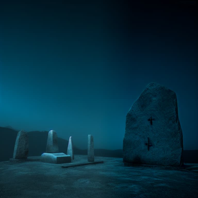  Silent altar beside a like. A stone monument. Sci fi landscape. Blue tones, relaxing ambience. Solitude.
