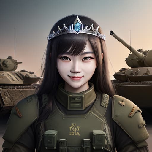  a highly detailed 4K AI art of a Chinese female tankist with a smiling expression and wearing a tiara. Surrounded by tanks .