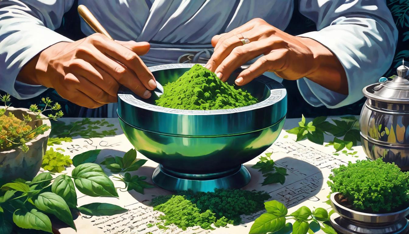  retro futuristic Close up of hands (implied, not shown) over a stone mortar and pestle, vibrant herbs being ground, ancient script scrolls unfurling in the background, alchemy of nature, whispered secrets, healing knowledge lvintage sci fi, 50s and 60s style, atomic age, vibrant, highly detailed