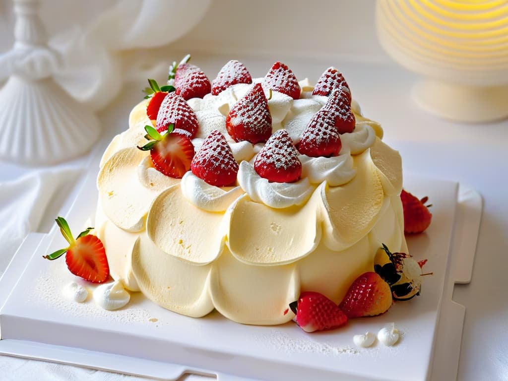  A minimalist, ultradetailed image of a perfectly baked Wattleseed Pavlova, showcasing a crispy meringue shell with a soft, marshmallowlike interior. The pavlova is elegantly topped with a generous dollop of whipped cream, fresh strawberries, and a sprinkle of roasted wattleseeds for a modern twist on this classic Australian dessert. The background is simple and clean, emphasizing the beauty and texture of the pavlova. hyperrealistic, full body, detailed clothing, highly detailed, cinematic lighting, stunningly beautiful, intricate, sharp focus, f/1. 8, 85mm, (centered image composition), (professionally color graded), ((bright soft diffused light)), volumetric fog, trending on instagram, trending on tumblr, HDR 4K, 8K