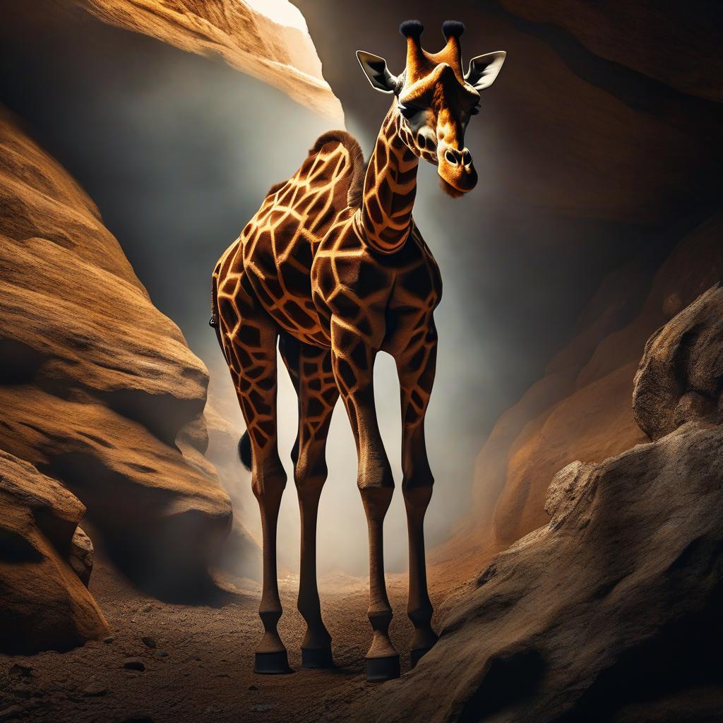  giraffe mountain miner in the mine hyperrealistic, full body, detailed clothing, highly detailed, cinematic lighting, stunningly beautiful, intricate, sharp focus, f/1. 8, 85mm, (centered image composition), (professionally color graded), ((bright soft diffused light)), volumetric fog, trending on instagram, trending on tumblr, HDR 4K, 8K