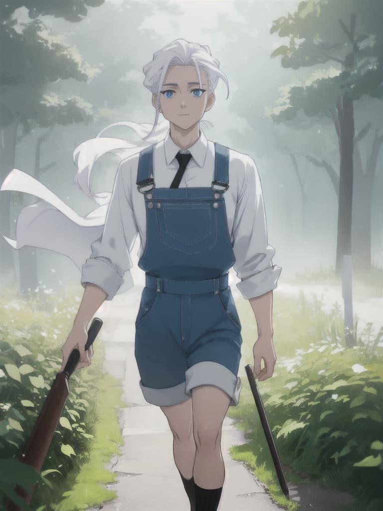  (masterpiece, best quality, anime cartoon man), (caucasian ethnicity, pale skin), young, wide body, blue eyes, slicked back hair, white hair, overalls white shirt clothing ,walking in park hyperrealistic, full body, detailed clothing, highly detailed, cinematic lighting, stunningly beautiful, intricate, sharp focus, f/1. 8, 85mm, (centered image composition), (professionally color graded), ((bright soft diffused light)), volumetric fog, trending on instagram, trending on tumblr, HDR 4K, 8K