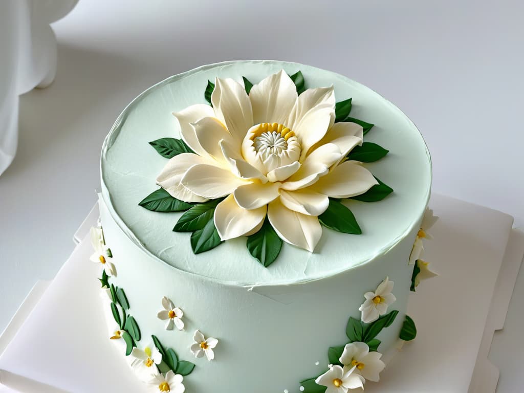  A closeup, highly detailed image of a perfectly sculpted sugar flower delicately placed on a pristine white fondant cake. The petals of the flower showcase intricate details and lifelike textures, highlighting the artistry and skill required in pastry decoration. The soft, natural lighting enhances the subtle shadows and highlights, creating a visually striking and elegant composition that exudes sophistication and craftsmanship. hyperrealistic, full body, detailed clothing, highly detailed, cinematic lighting, stunningly beautiful, intricate, sharp focus, f/1. 8, 85mm, (centered image composition), (professionally color graded), ((bright soft diffused light)), volumetric fog, trending on instagram, trending on tumblr, HDR 4K, 8K