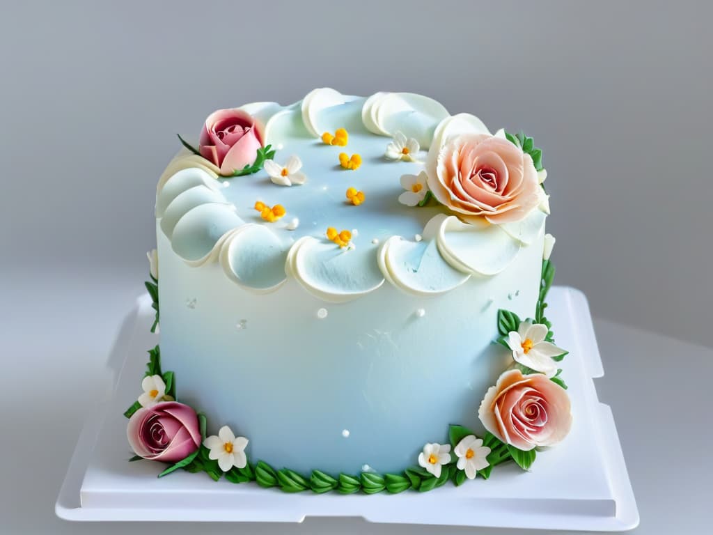  A closeup, ultradetailed shot of a perfectly frosted and decorated threetiered cake, showcasing intricate piping work and delicate sugar flowers in pastel colors, set against a pristine white background. The precision and artistry of the decorations are evident, highlighting the skill and expertise required in creating a showstopping dessert for a baking competition. hyperrealistic, full body, detailed clothing, highly detailed, cinematic lighting, stunningly beautiful, intricate, sharp focus, f/1. 8, 85mm, (centered image composition), (professionally color graded), ((bright soft diffused light)), volumetric fog, trending on instagram, trending on tumblr, HDR 4K, 8K